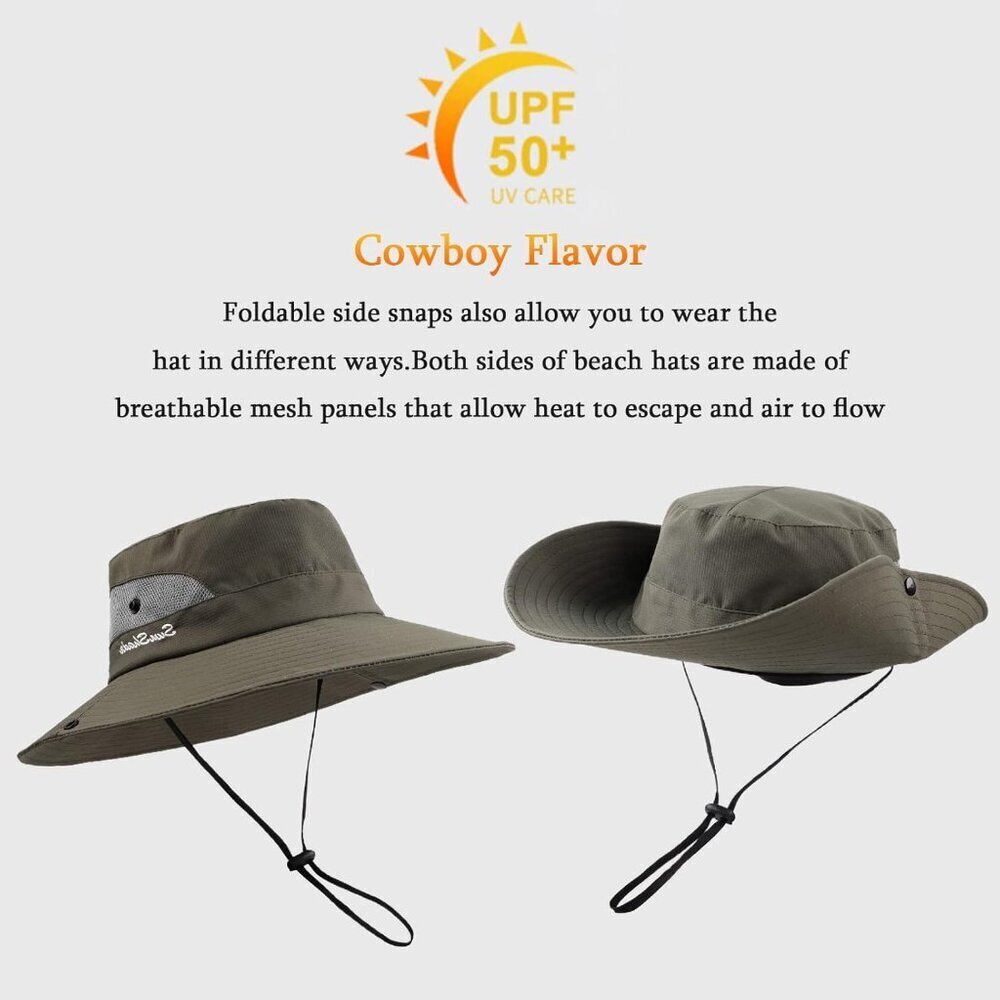 Unisex Green 100% Polyester Wide Brim Mesh Vent Chin Strap Classic Cowboy Hat - Picture 2 of 6